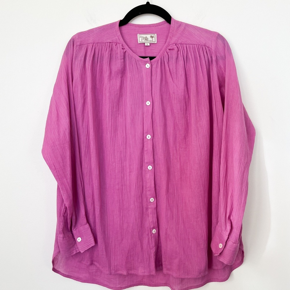 Mille Resort & Travel Purple Button Up Crinkle Blouse Top Womens Small Vacation‎